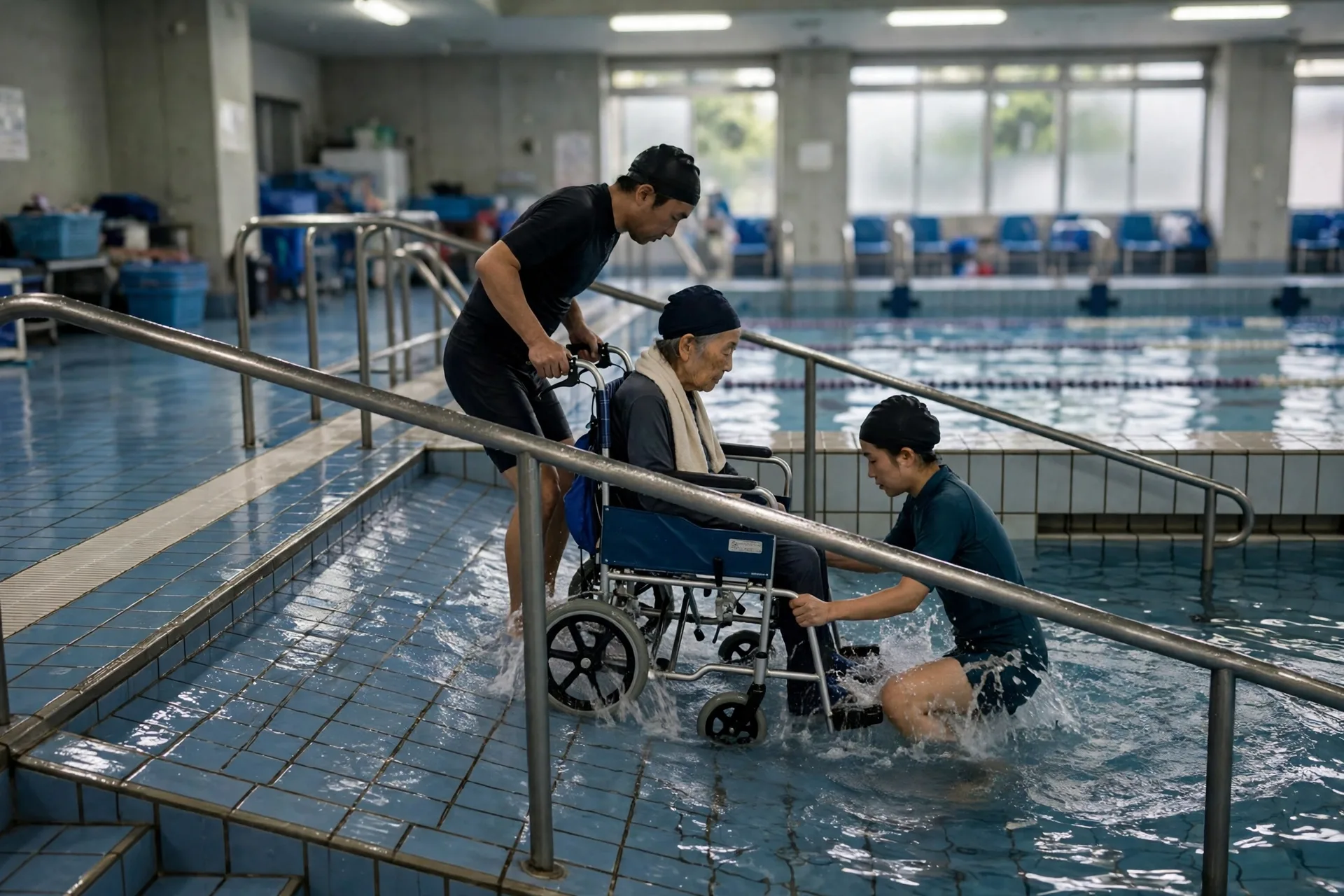 スロープから車椅子で入水する参加者とサポーター