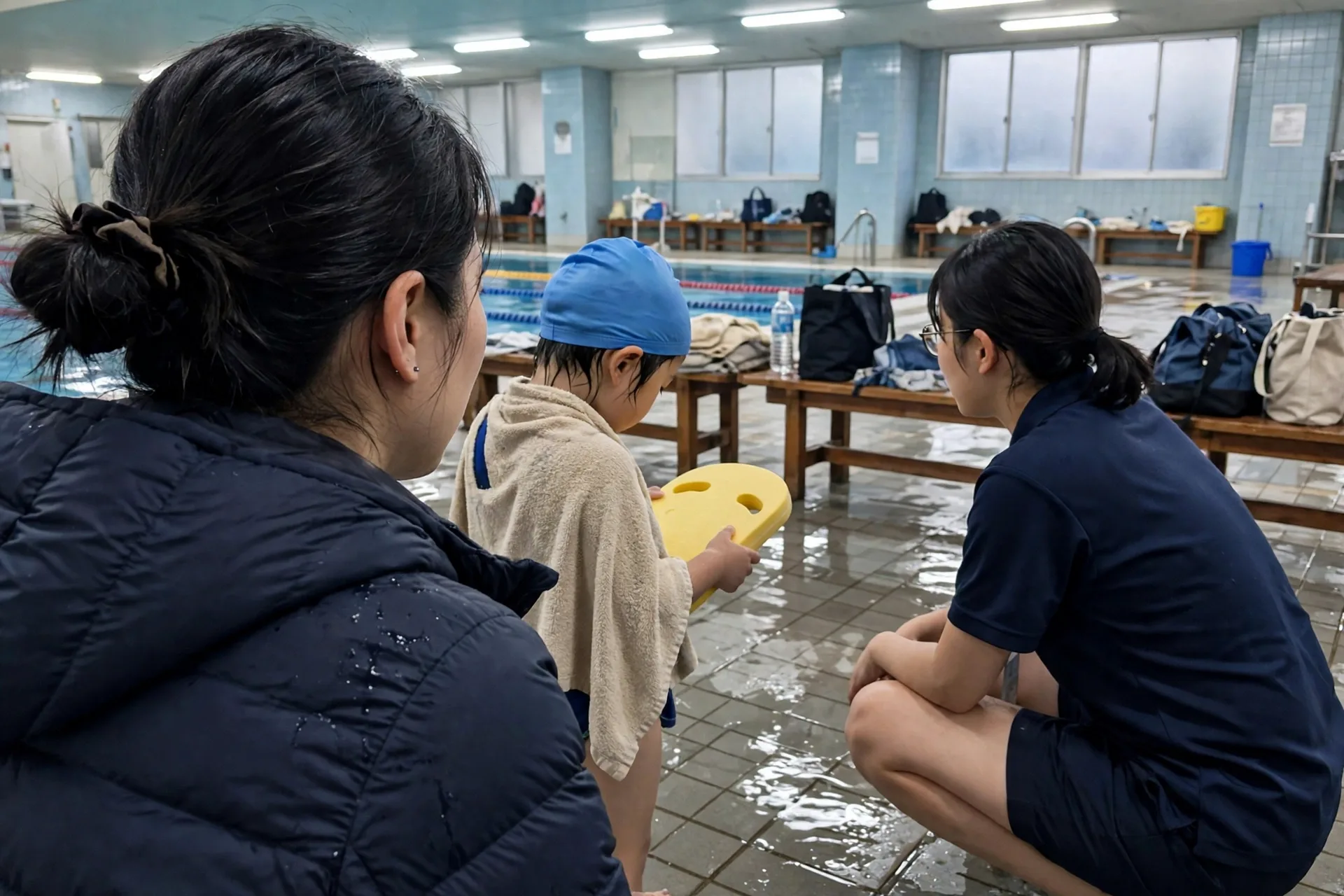 プールサイドで相談する親子とスタッフ