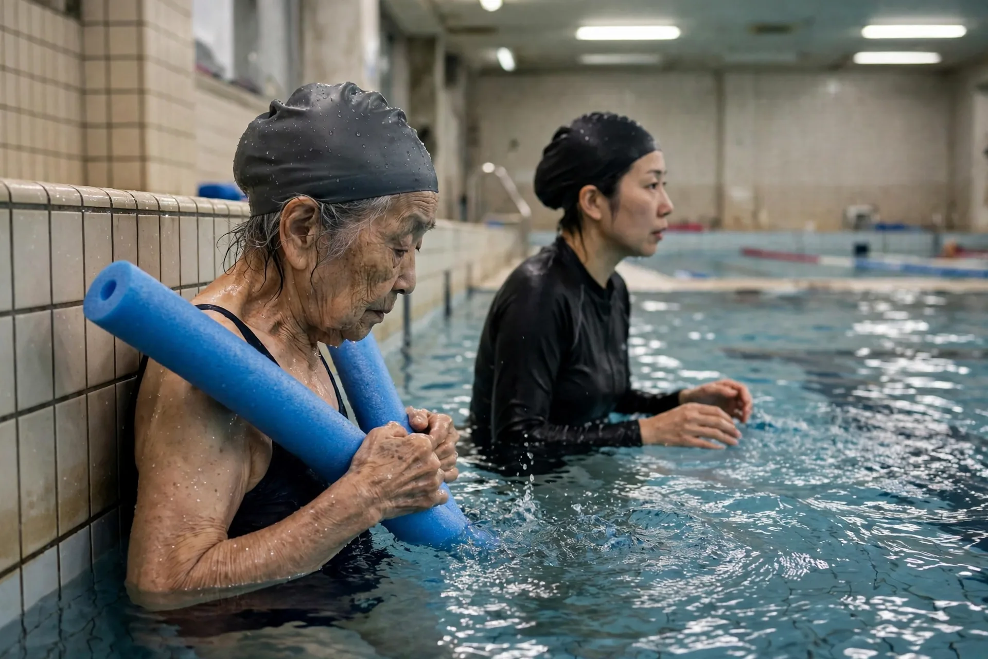 浮き棒につかまる参加者と見守るサポーター